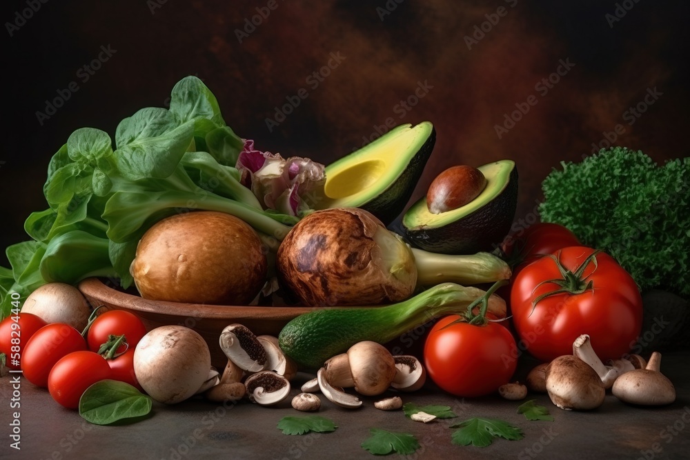  a plate of vegetables and mushrooms on a table with a dark background and a dark background is the 