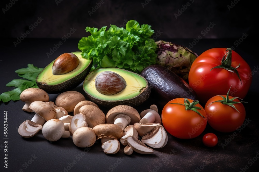  a variety of vegetables are arranged on a black surface, including avocado, tomatoes, mushrooms, an