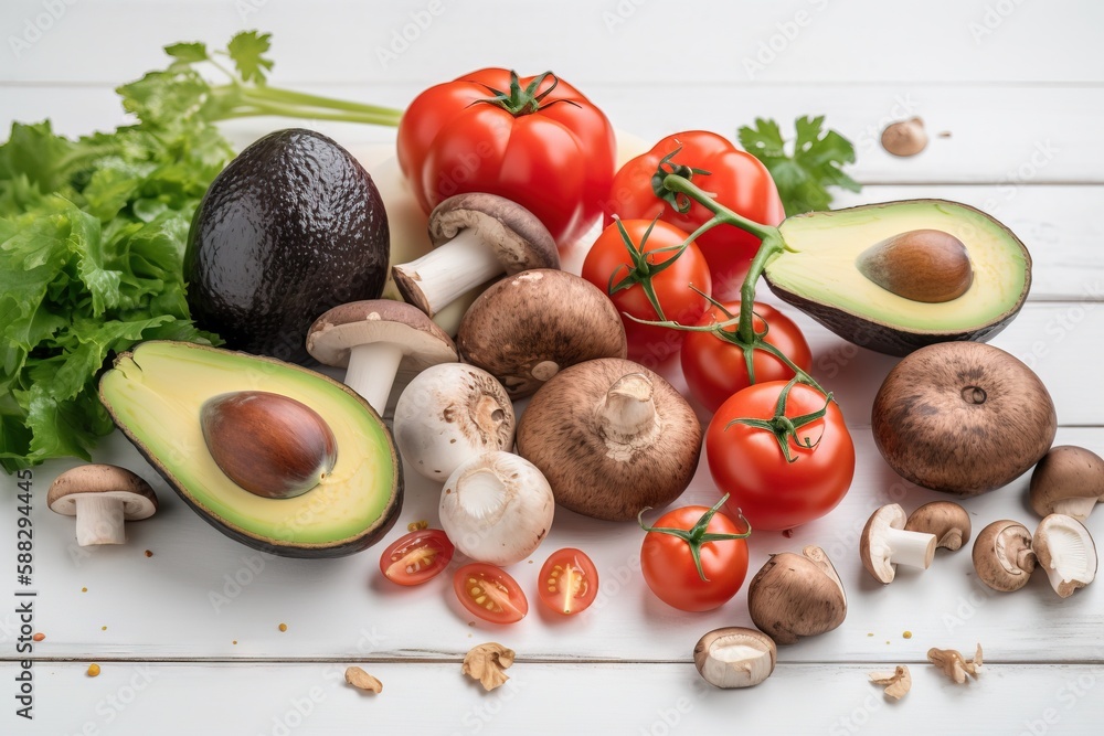 a bunch of vegetables that are sitting on a white table with mushrooms and avocado on top of it, an