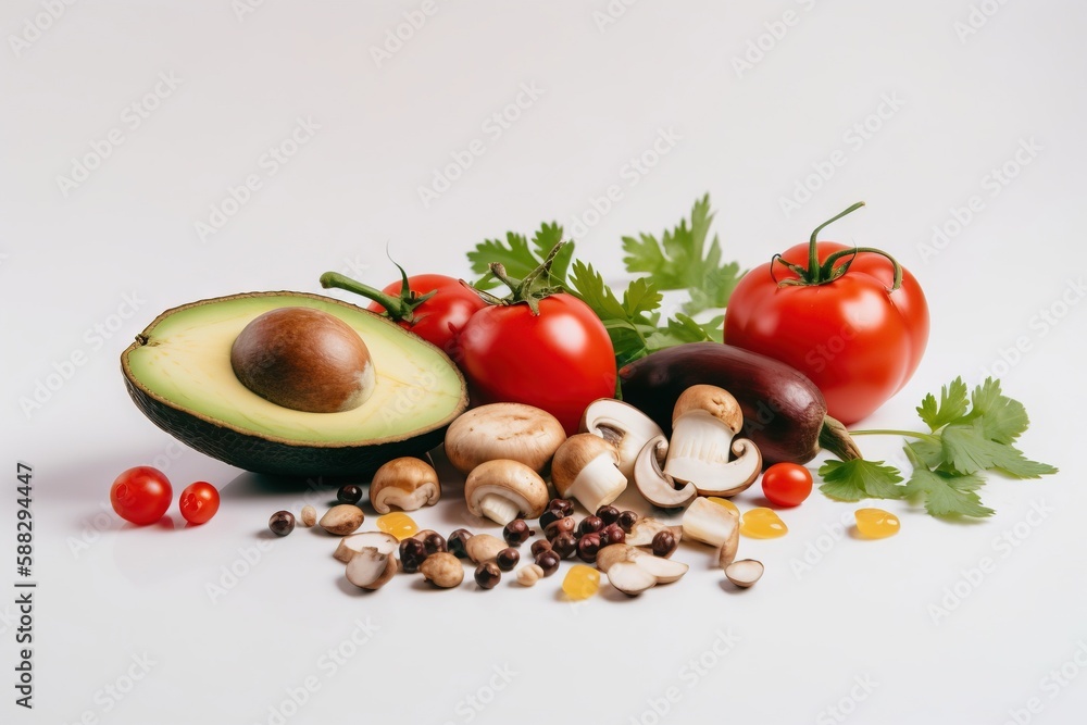  a pile of assorted vegetables including tomatoes, mushrooms, and avocado on a white background with