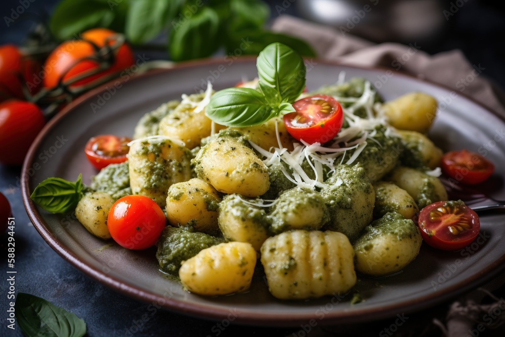  a plate of pasta with pesto and tomatoes on top of a blue table cloth with basil leaves and tomatoe