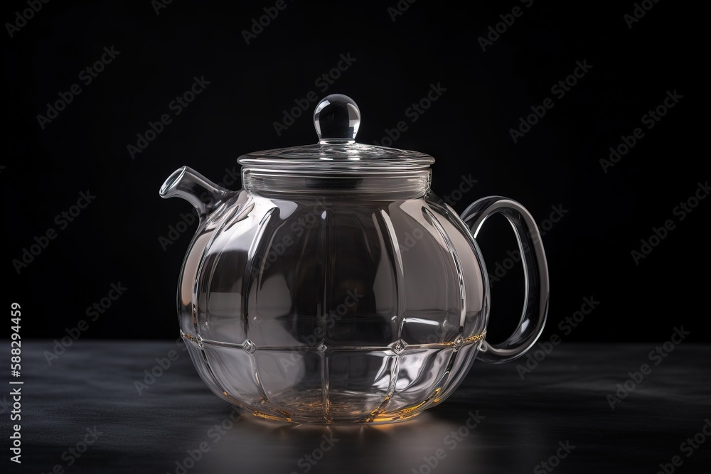  a glass teapot with a glass lid and a glass spoon in it on a black surface with a reflection of the