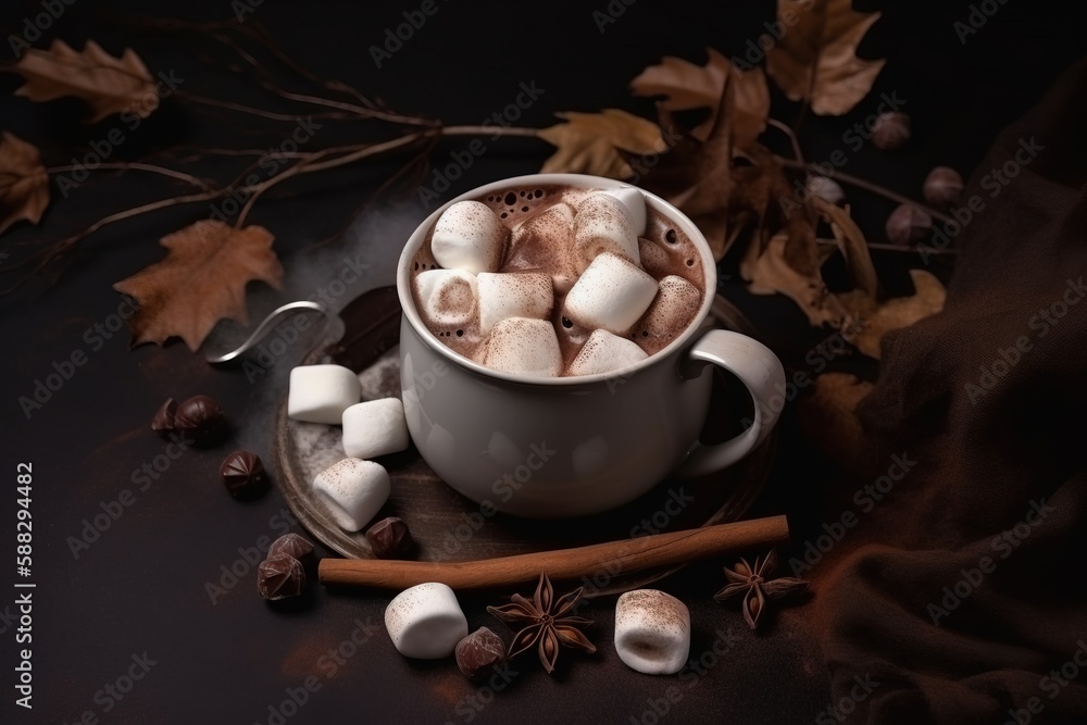  a cup of hot chocolate with marshmallows and cinnamon sticks on a black background with autumn leav
