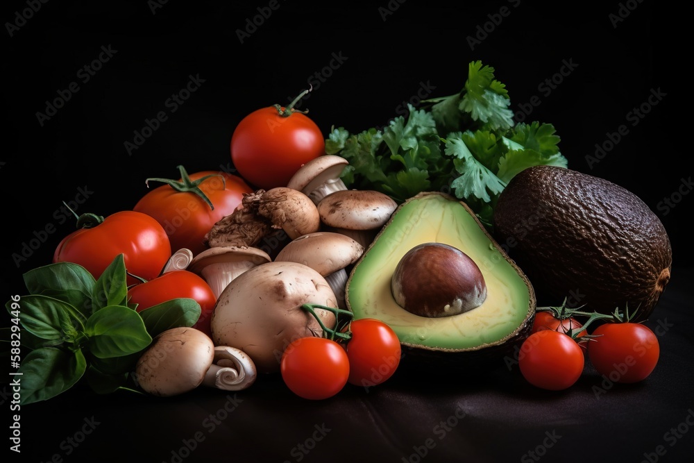  an avocado, tomatoes, mushrooms, and other vegetables are arranged on a black surface with a black 