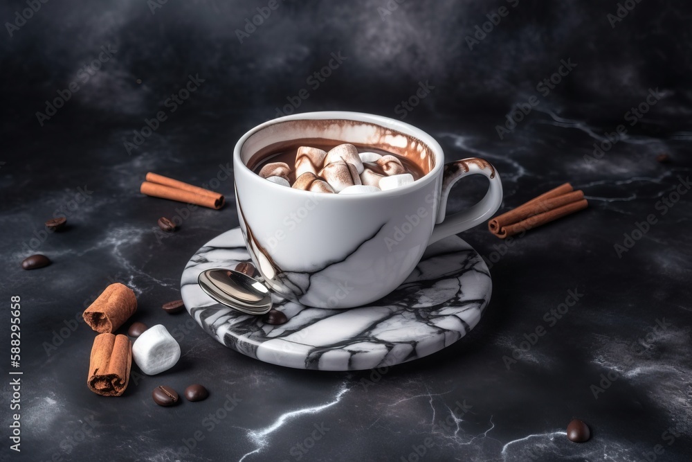  a cup of hot chocolate with cinnamons on a marble saucer and a spoon on a black marble table with a