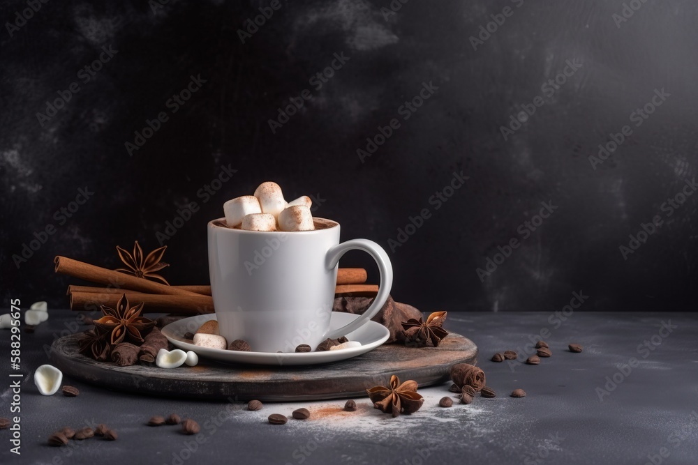  a cup of hot chocolate with marshmallows and cinnamon on a plate on a dark background with cinnamon