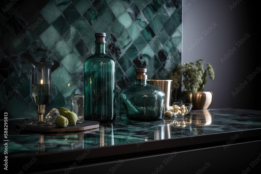  a counter top with a green glass bottle and some other items on it and a green tiled wall in the ba