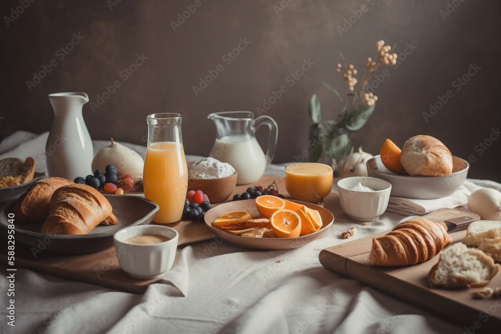  a table topped with bread, oranges, and other foods on top of a white table cloth next to a pitcher
