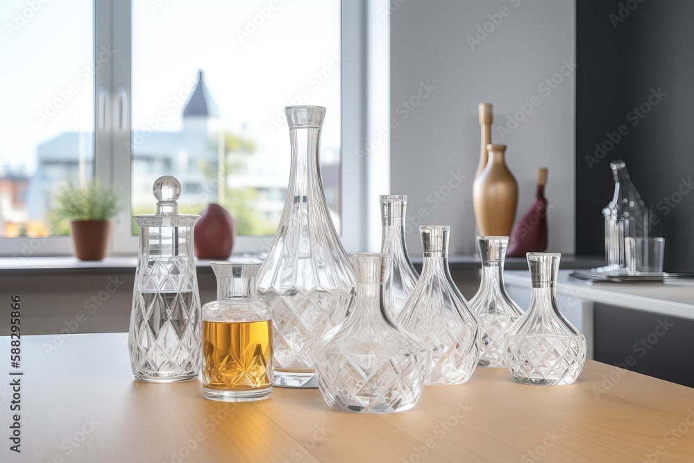  a collection of glass vases and bottles on a table in front of a window with a view of a city outsi