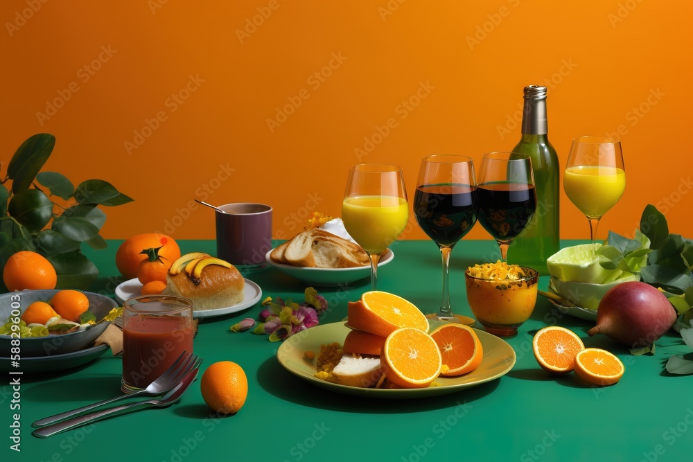  a green table topped with plates of food and glasses of wine next to oranges and other fruits and v