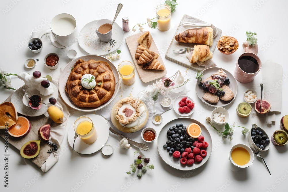  a white table topped with plates of food and drinks next to a plate of fruit and pastries on a cutt