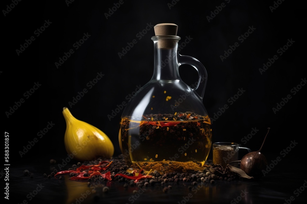  a glass bottle filled with liquid next to a pile of spices and a pear on a table with a black backg