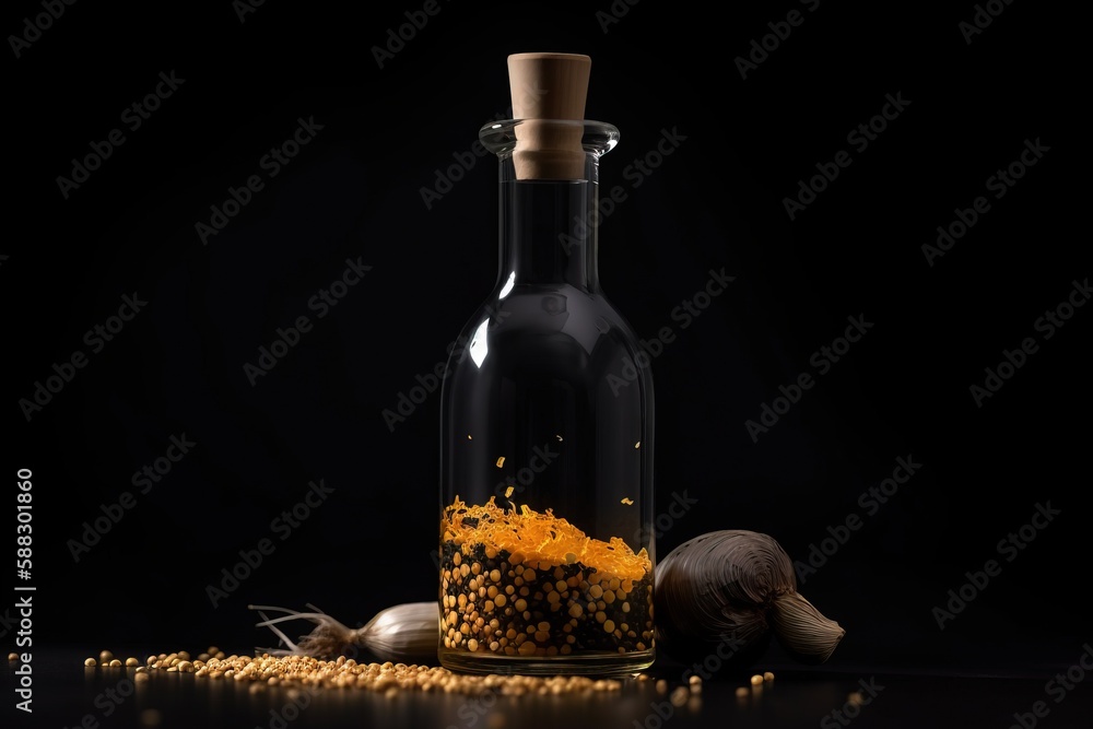  a glass bottle filled with yellow stuff next to a garlic and garlic cloves on a black background wi