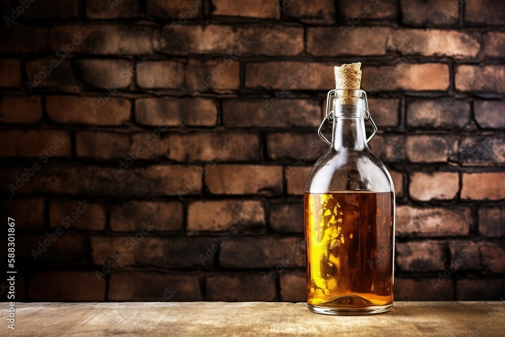  a glass bottle filled with liquid sitting on top of a wooden table next to a brick wall with a cork