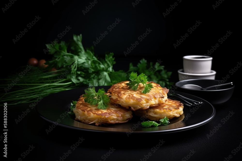  a black plate topped with food next to a cup of coffee and a plant on a black tablecloth with a for
