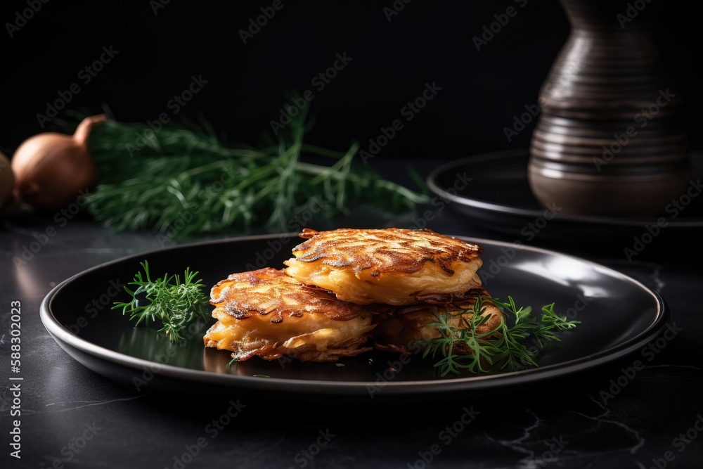  a black plate topped with three pancakes next to a vase of flowers and a vase of garlic on a black 