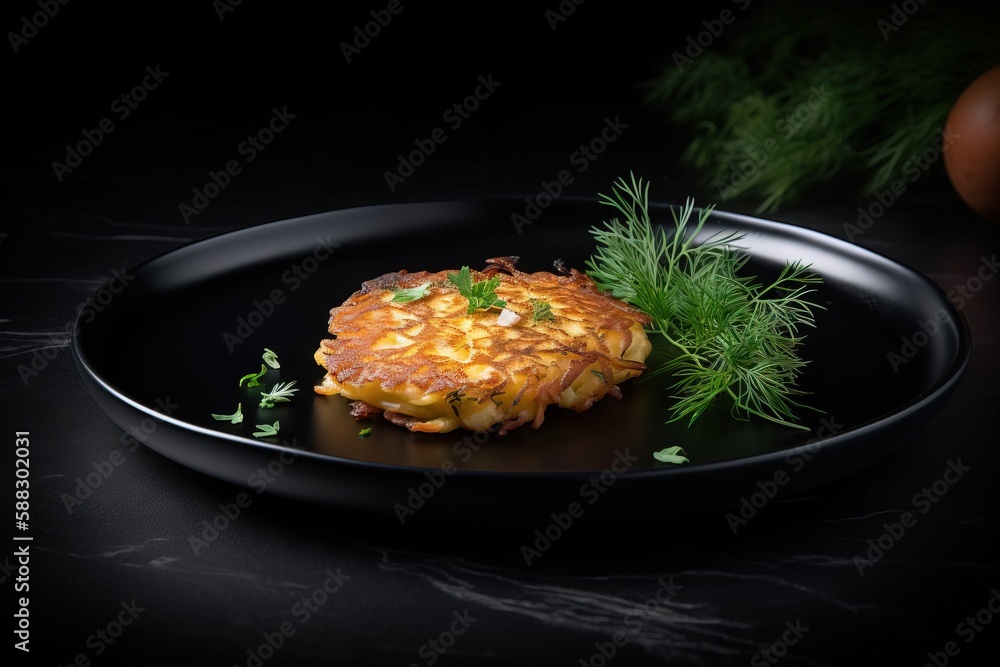  a black plate topped with a crab cake and a sprig of green garnish on top of a black table cloth ne