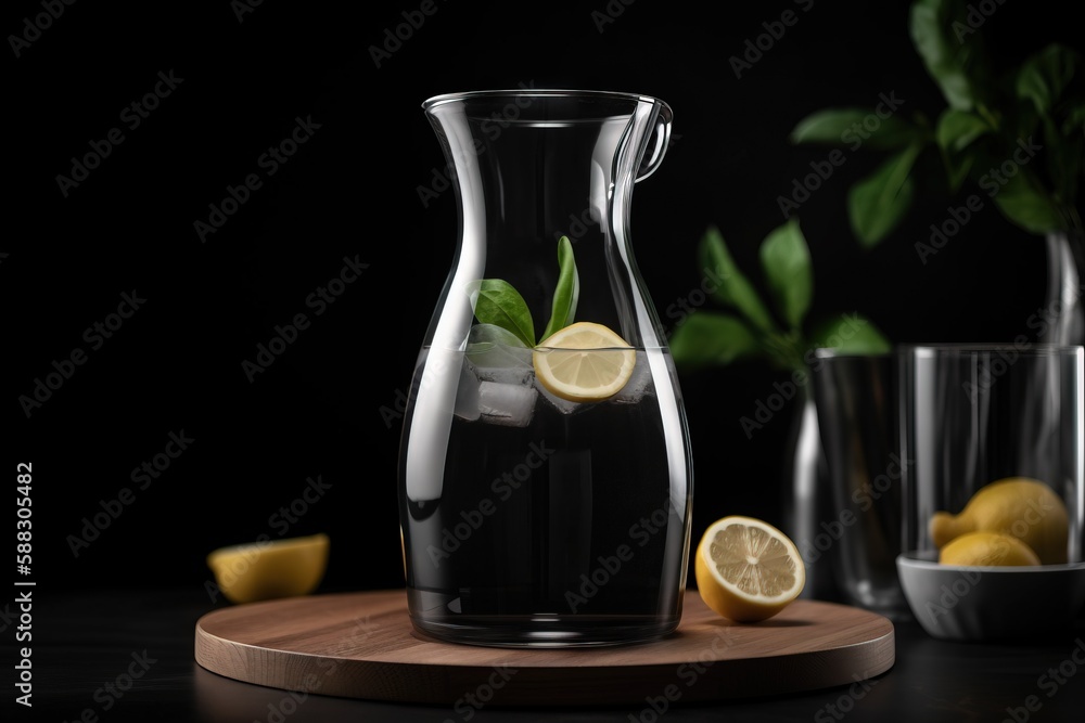  a pitcher of water with lemons and a glass of water next to it on a cutting board with two cups and