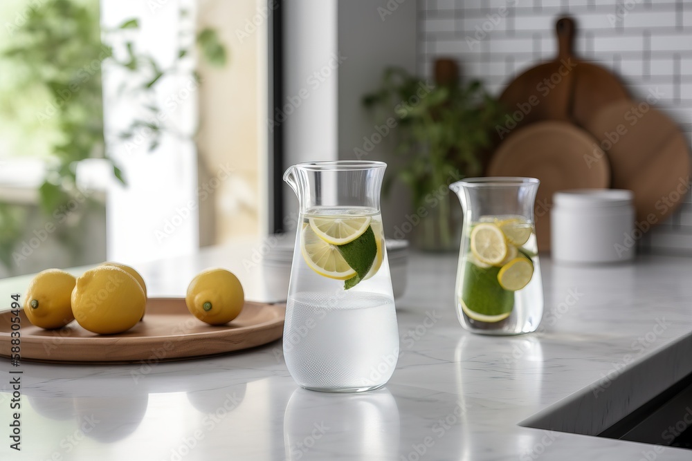  a pitcher of water with lemons and a pitcher of water with lemons on a plate on a kitchen counterto