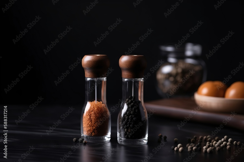  a couple of salt and pepper shakers on a table next to some oranges and spices on a board with a bo