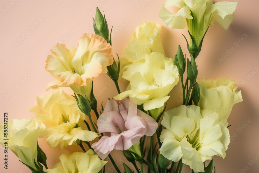  a vase filled with yellow and pink flowers on a pink background with a pink wall in the back ground