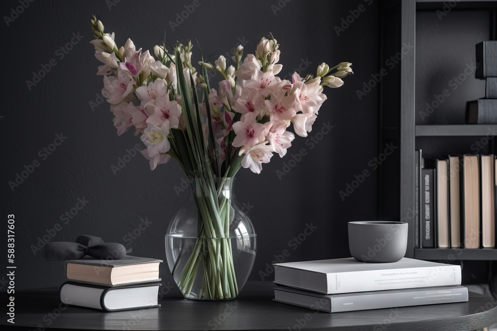  a vase of flowers sitting on a table next to a stack of books and a cup on a book shelf with a book
