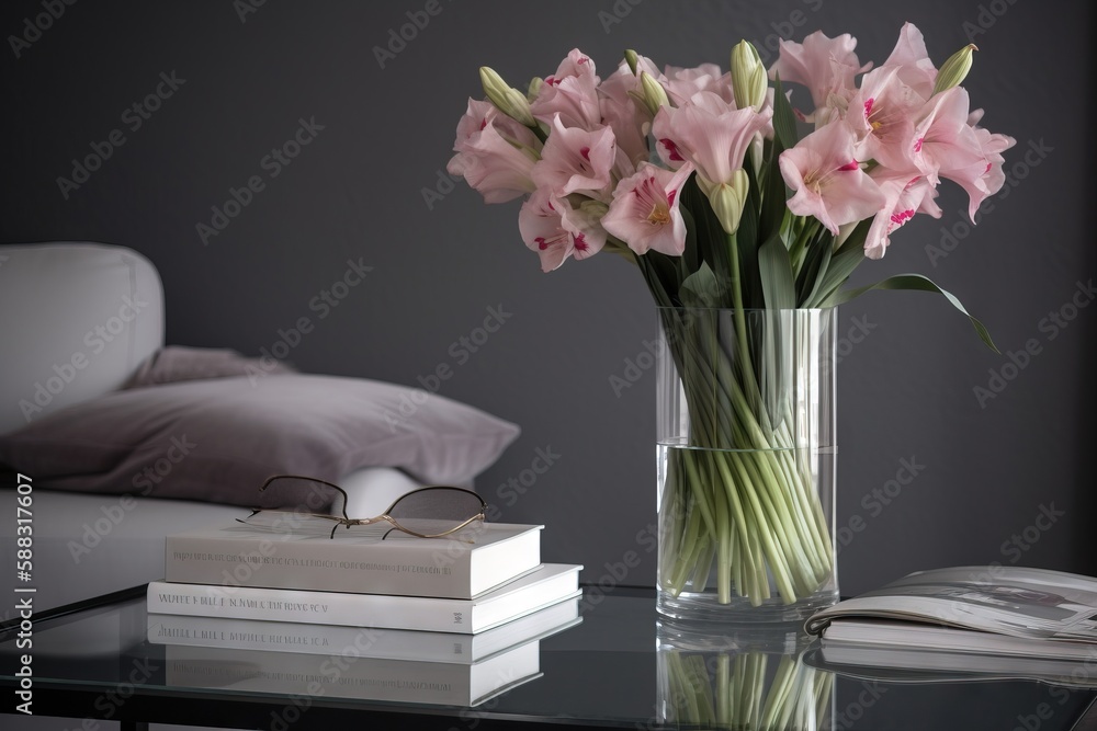  a glass vase filled with pink flowers on top of a table next to a stack of books and a pair of glas