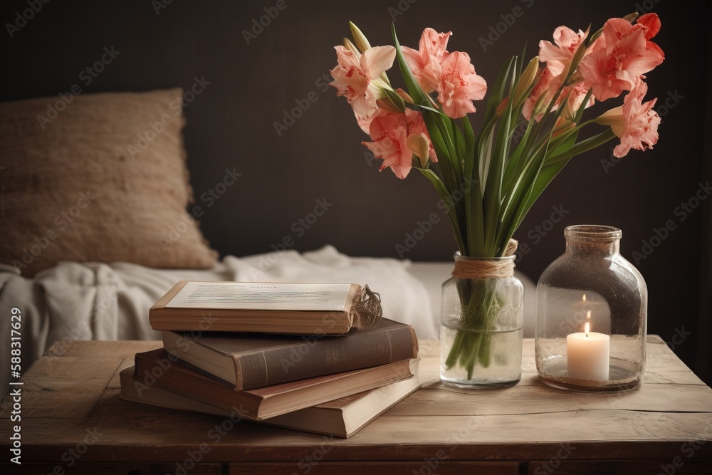  a table topped with books and a vase filled with flowers next to a lit candle and a book on top of 