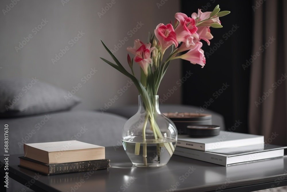  a glass vase with pink flowers on a table with books and a couch in the background in a dark room w