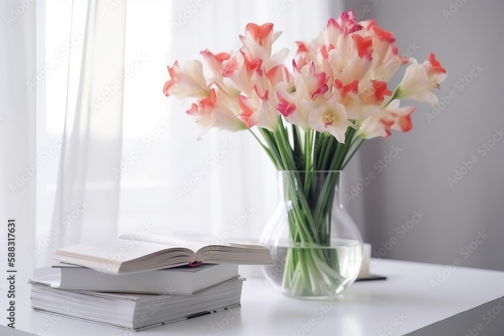  a vase of flowers sitting on a table next to a stack of books and an open book on a table next to a