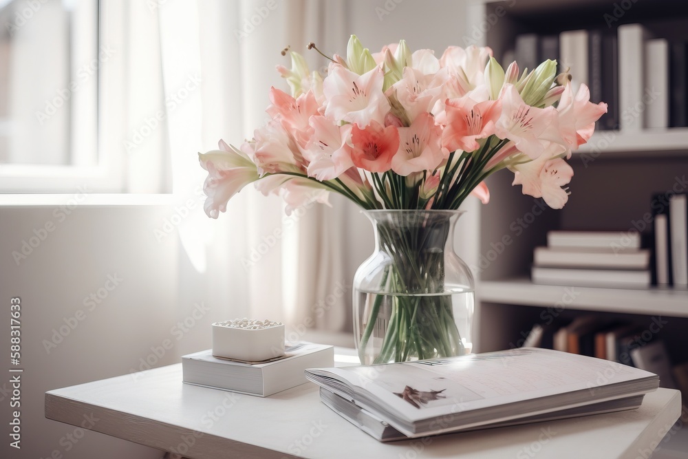  a vase of flowers on a table with a book and a cup of coffee on the side of the table in front of a