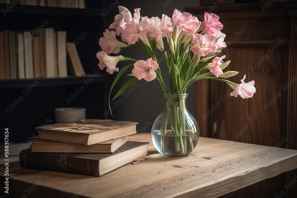  a vase filled with pink flowers sitting on top of a wooden table next to a stack of books on a wood
