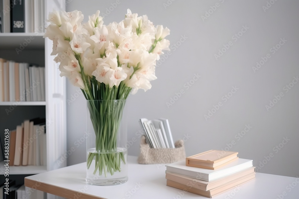  a vase of white flowers on a table next to a bookshelf and a stack of books on a table with a bookc