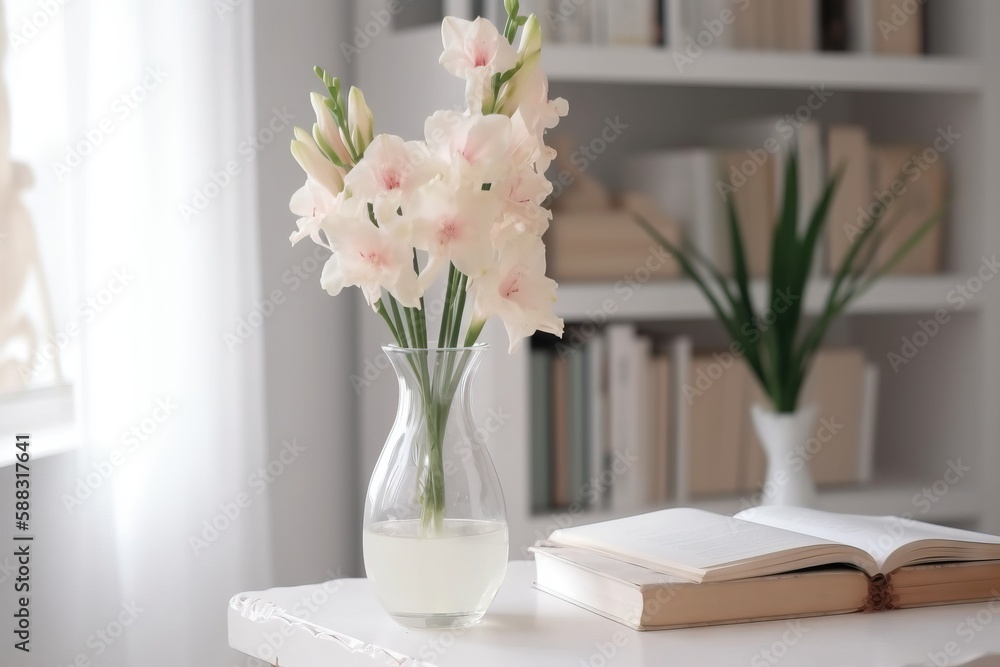  a vase with flowers and a book on a table in front of a bookcase with books and a vase of flowers o