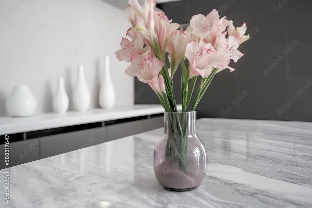  a vase filled with pink flowers sitting on top of a table next to a shelf of white vases on top of 