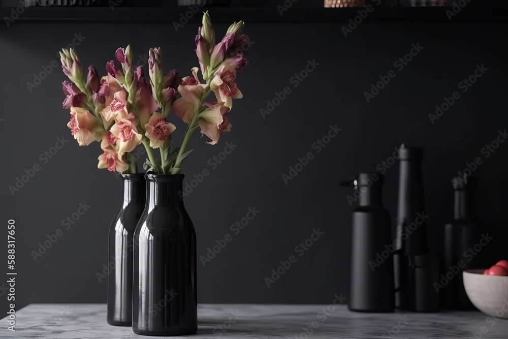  a couple of vases with flowers in them on a counter top next to a bowl of strawberries and a bowl o