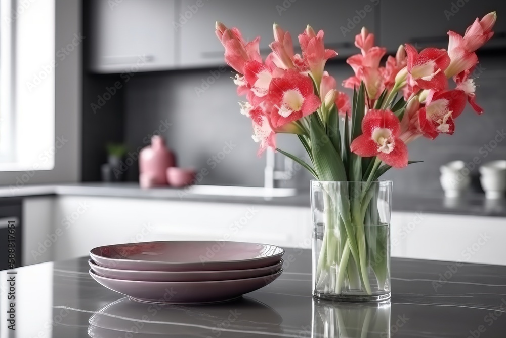  a vase of flowers sitting on a kitchen counter next to a plate and a plate on the counter top next 