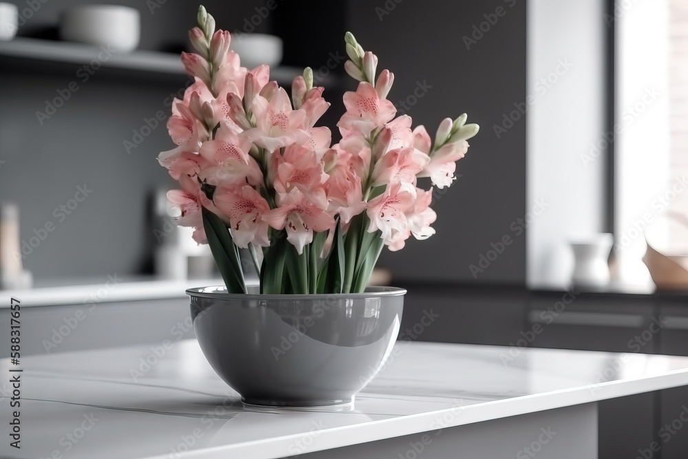  a bowl of pink flowers on a white countertop in a kitchen with a window in the back ground and a sh