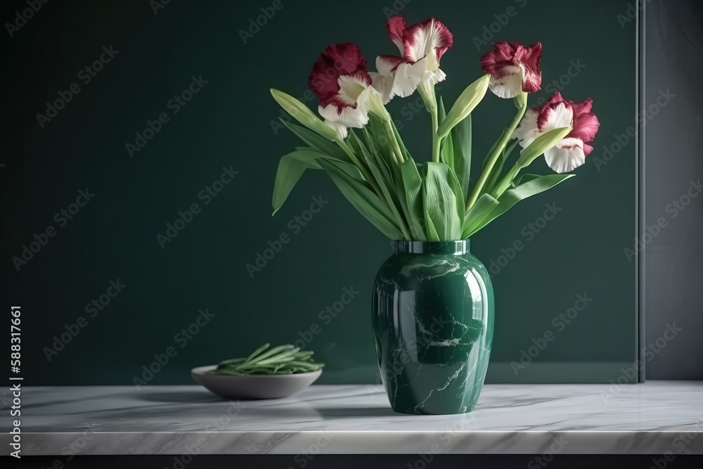  a green vase with red and white flowers in it and a bowl of green beans on the table in front of th