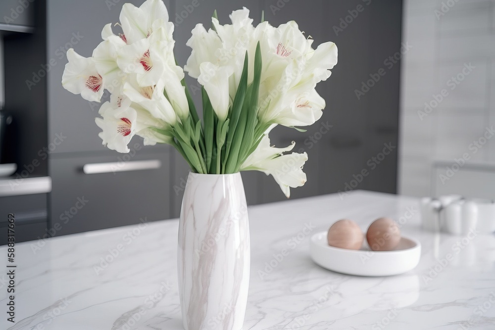  a white vase filled with flowers on top of a counter next to a plate of eggs on a counter top next 