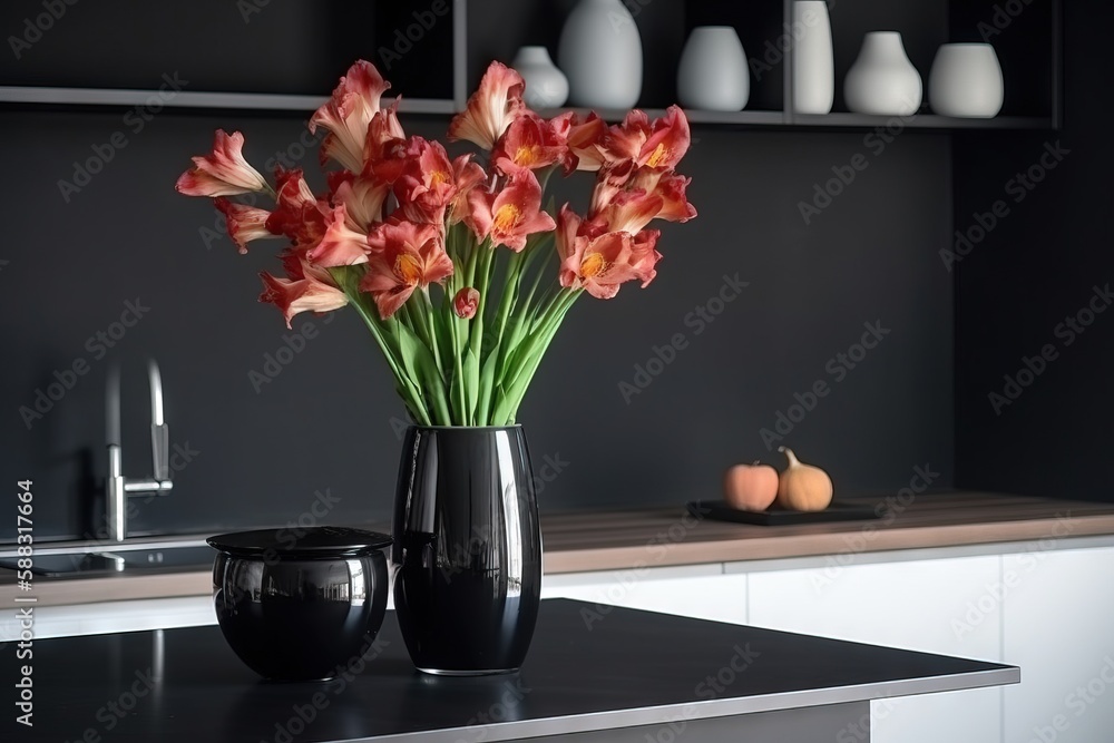  a black vase with red flowers in it on a counter top next to a black bowl with a green plant in it 