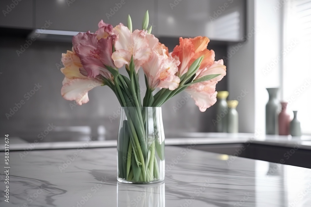  a vase filled with pink and orange flowers on top of a counter top next to a sink in a kitchen with