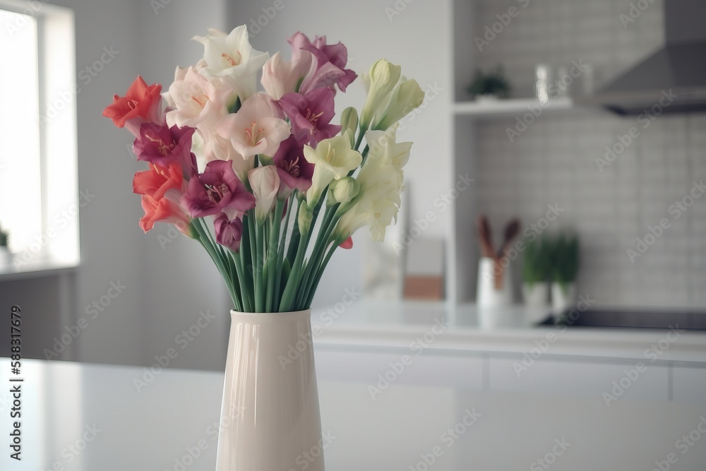  a vase filled with lots of colorful flowers on top of a counter top next to a sink and a counter to