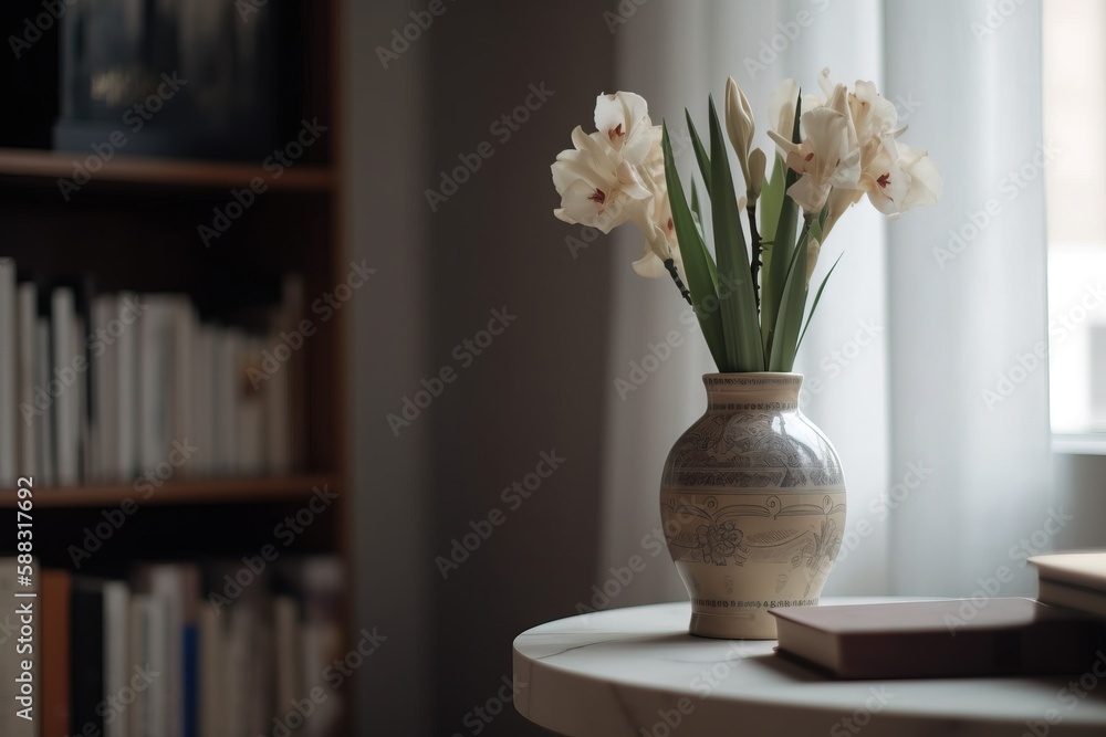  a vase with flowers sitting on a table in front of a book shelf with books on it and a bookcase beh
