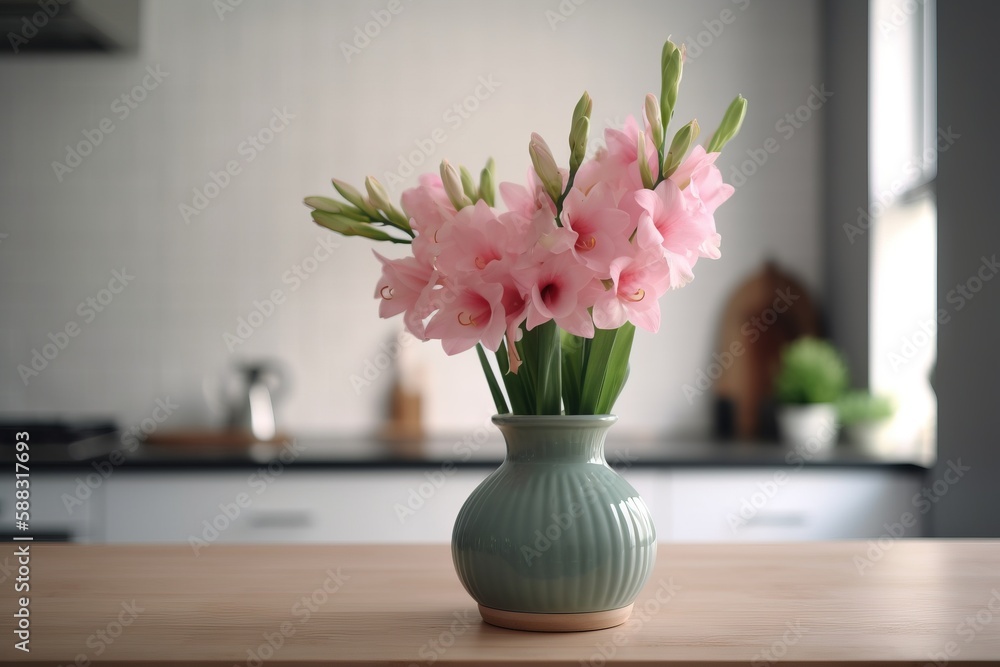  a green vase filled with pink flowers on top of a wooden counter top next to a kitchen counter top 