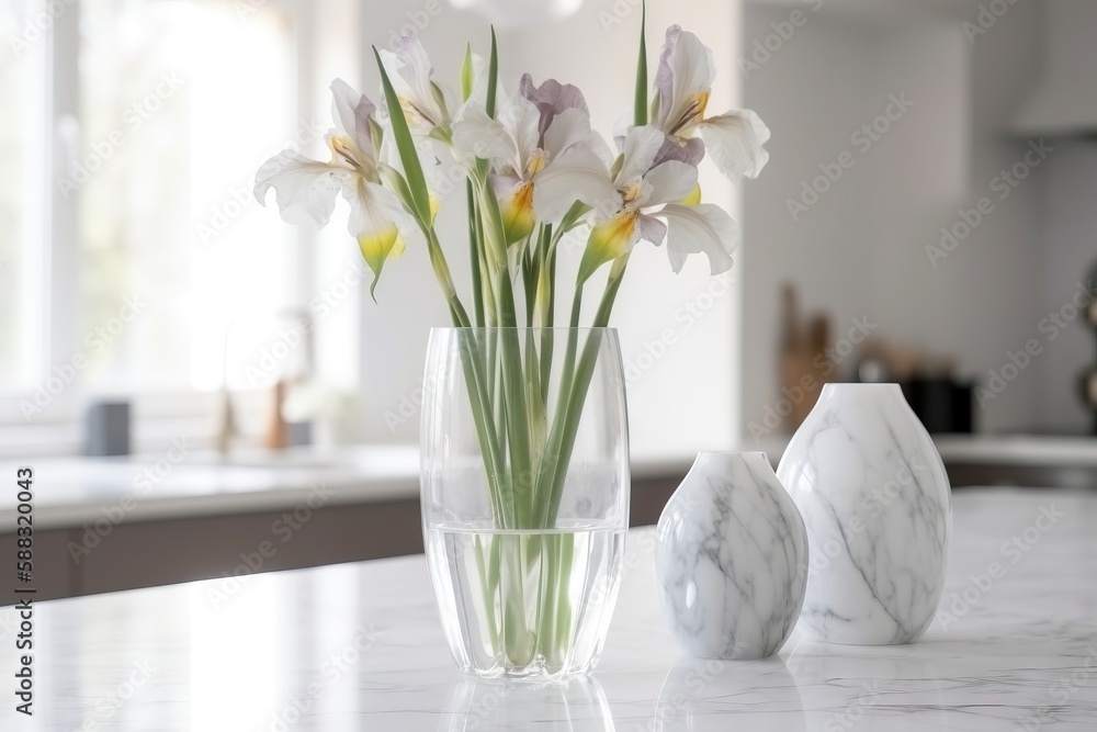  a vase with flowers in it sitting on a table next to a marble vase with flowers in it and a marble 