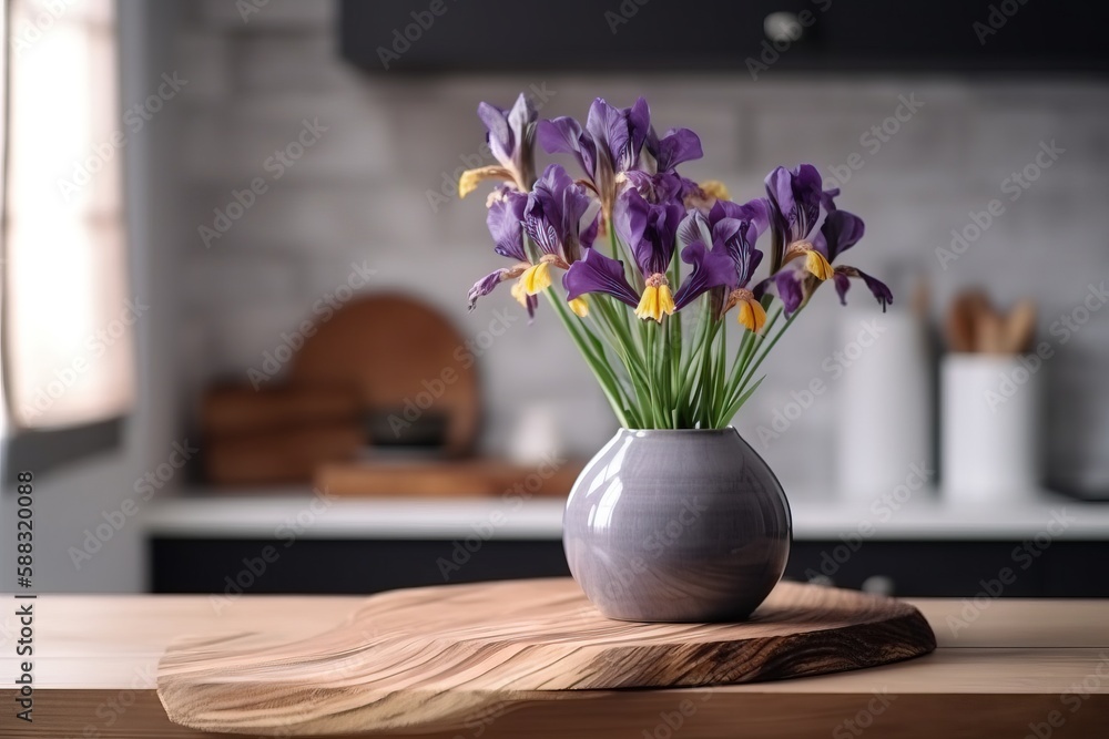  a vase filled with purple flowers on top of a wooden table next to a counter top with a wooden cutt