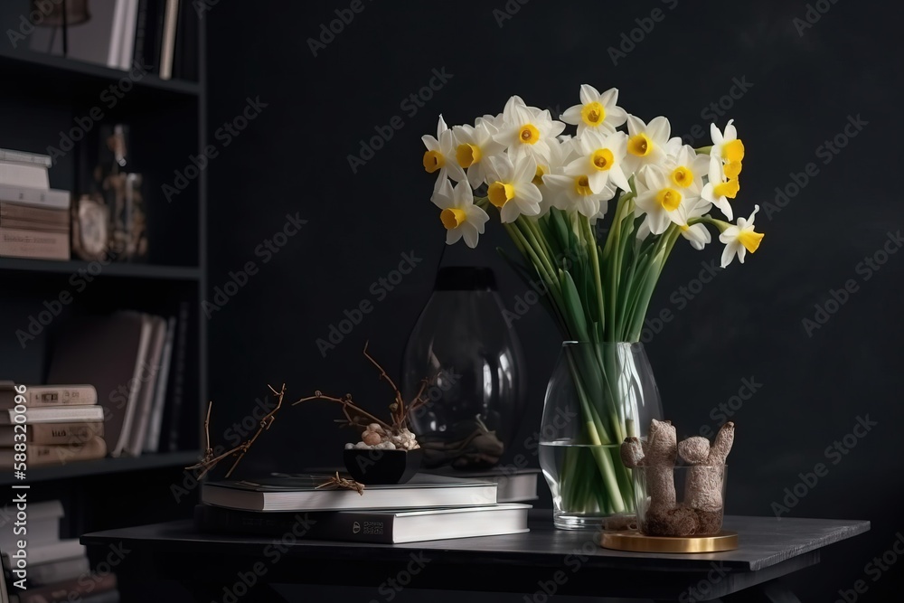  a vase of daffodils on a table next to a book shelf and a vase of rocks on a table with a teddy bea