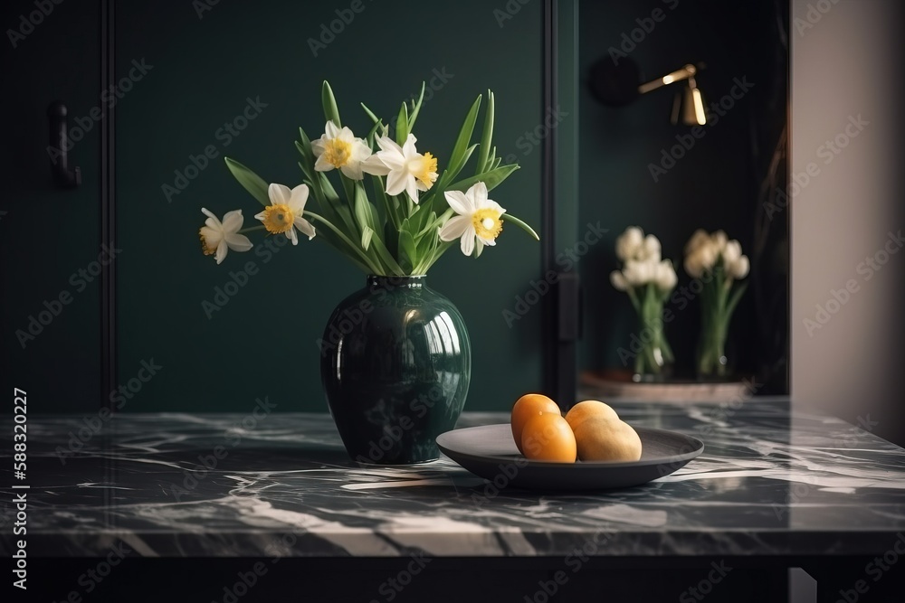  a bowl of oranges and a vase of daffodils on a marble countertop in a green room with a mirror behi