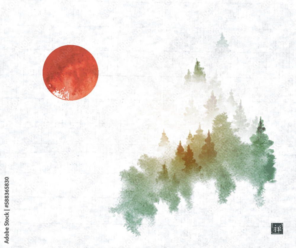 Green pine trees on misty mountain and big red sun. Traditional oriental ink painting sumi-e, u-sin,